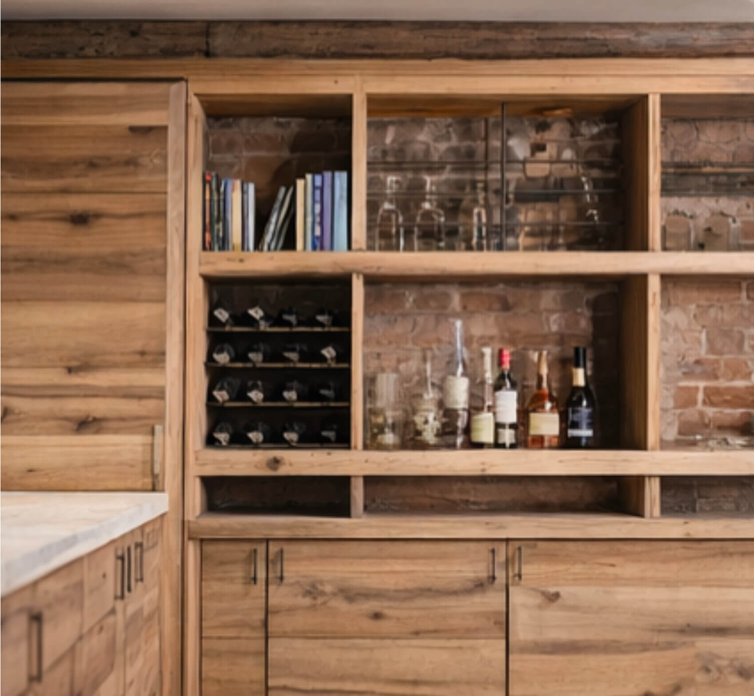 French Oak bookcase and cabinetry in residential wine cellar