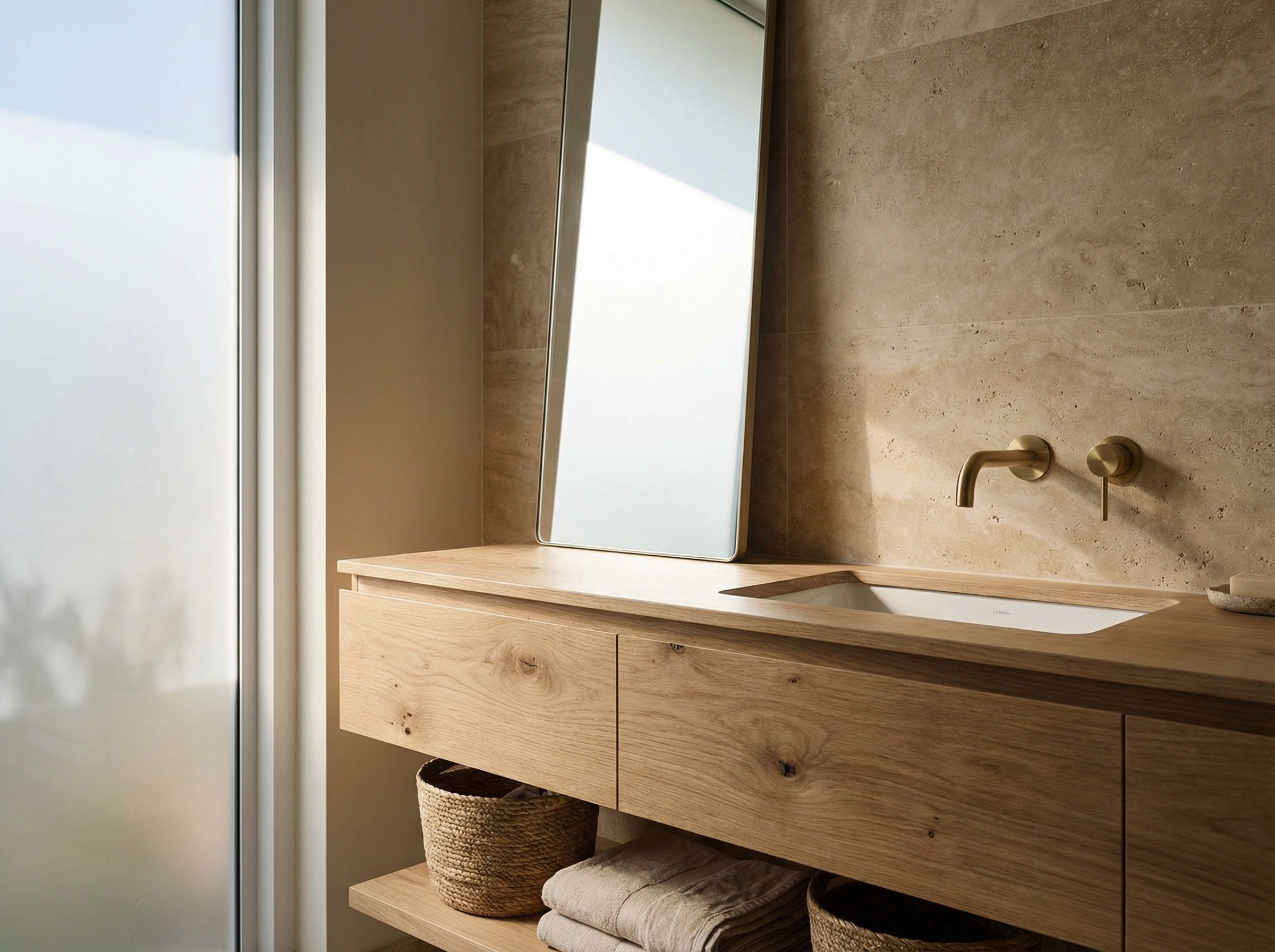 French Oak joinery in contemporary bathroom
