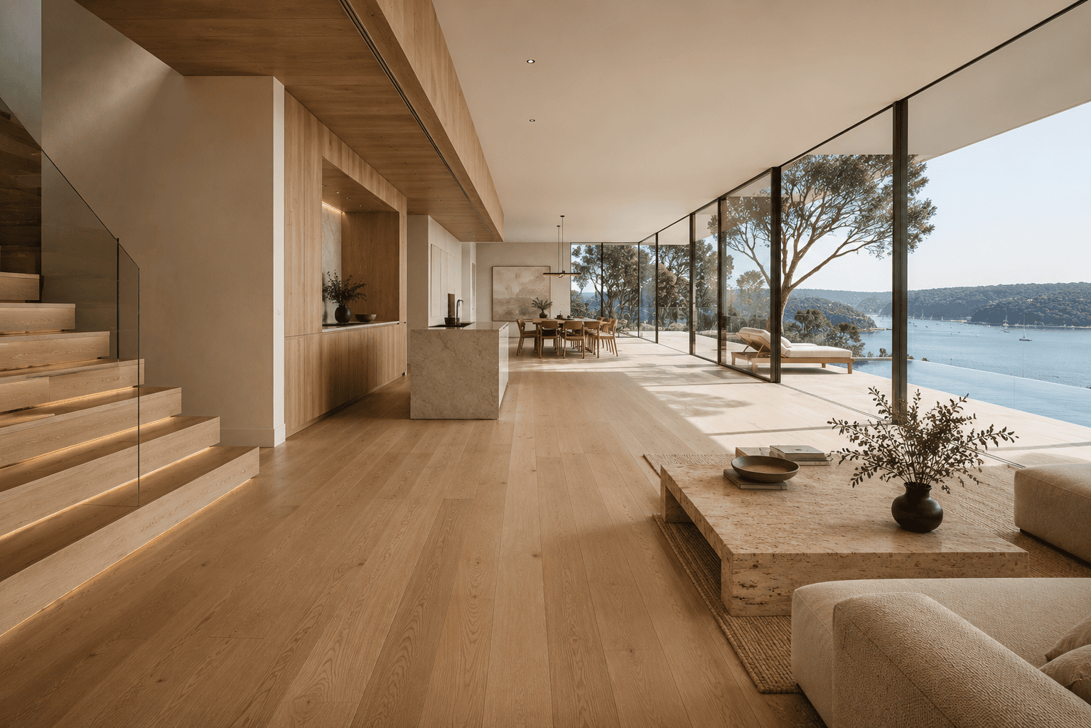 Luxury coastal interior featuring single-origin French Oak flooring, stairs and joinery