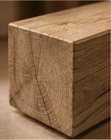 Natural unfinished solid French Oak beam showing grain and end grain